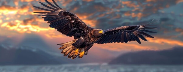 Obraz premium Majestic eagle soaring in the sky at sunset with mountains in the background, showcasing nature's beauty and strength.