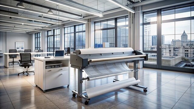Large format plotter machine in a modern engineering office, surrounded by technical drawings, blueprints, and design papers, with a sleek and minimalist workspace atmosphere.