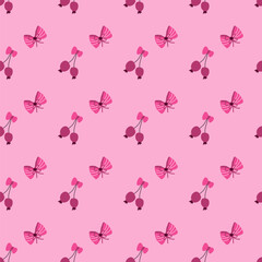 Cute childrens fashion background. Bows and berry pattern with strawberry or cherry. Romantic decoration for girls clothes, summer kitchen towels.