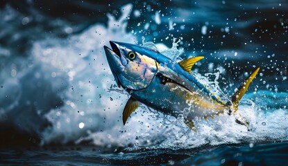 Tuna fish leaping out of the water, its body shimmering with blue and yellow colors, splashing waves around it,