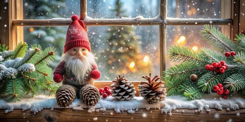 Adorable small festive gnome sits on window sill surrounded by snowflakes, pinecones, and evergreen branches, bringing joyful winter holiday magic to the scene.