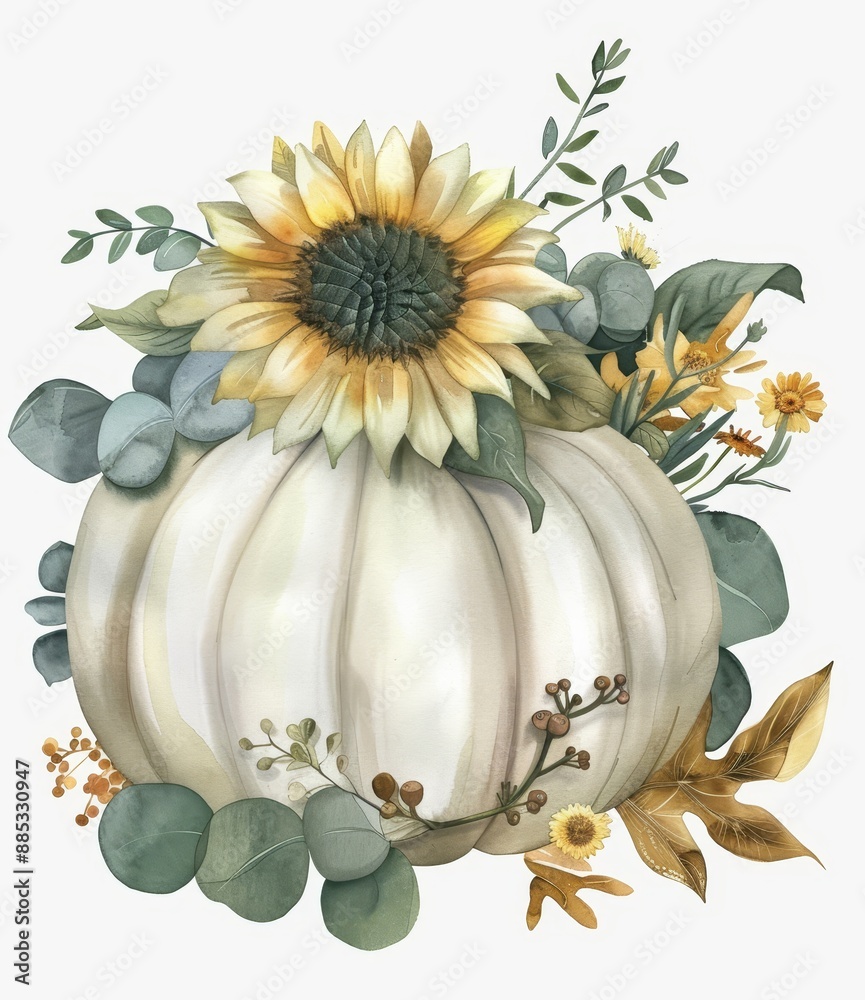 Wall mural this watercolor autumn composition features watercolor white pumpkins with sunflower bouquets, and i