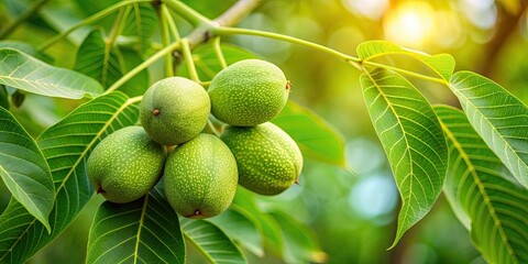 Unripe green walnuts hanging from branches of walnut tree, unripe, green, walnuts, hanging, branches, tree, agriculture, harvest