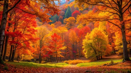 Vibrant autumn leaves in shades of gold, crimson, and orange, creating a stunning display in a forest setting, fall, foliage