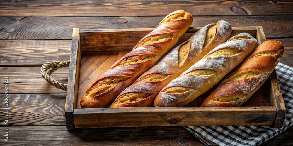 Poster Freshly baked baguettes displayed on a rustic wooden tray, bread, French, bakery, artisan, crispy, crusty