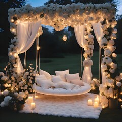 flower swing, led light, morning view, evening, in love, rose, background, wedding, white theme, pink, romantic, bouquet, bridal, scented candle