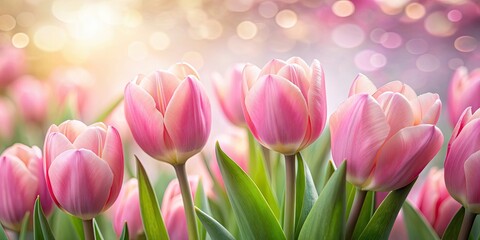 Obraz premium Blushing pink tulips in a soft, dreamy glow , tulips, pink, flowers, basking, dreamy, romantic, soft, delicate, petals, spring