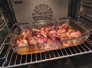 Photo meat baked in the oven. Meat preparation. Shish kebab