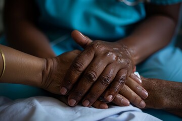 Nurses offer compassion, support, and medical advice for hope in a nursing home. The nursing staff holds hands with patients in the interest of help, consultation, and psychology.
