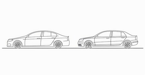 Fototapeta premium The image shows a continuous line drawing of two cars moving in street traffic - transparent PNG image