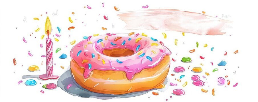 A donut with a happy birthday banner, party decoration, digital illustration, cheerful, isolated on white background