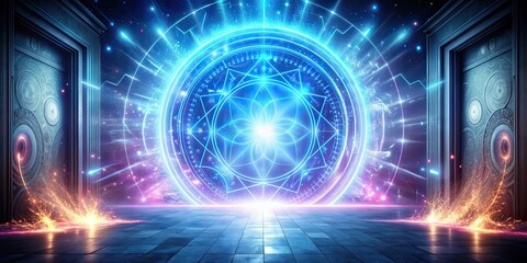 Fototapeta premium of an interdimensional portal with glowing energy ribbons and arcane symbols, ,interdimensional, portal, glowing, energy