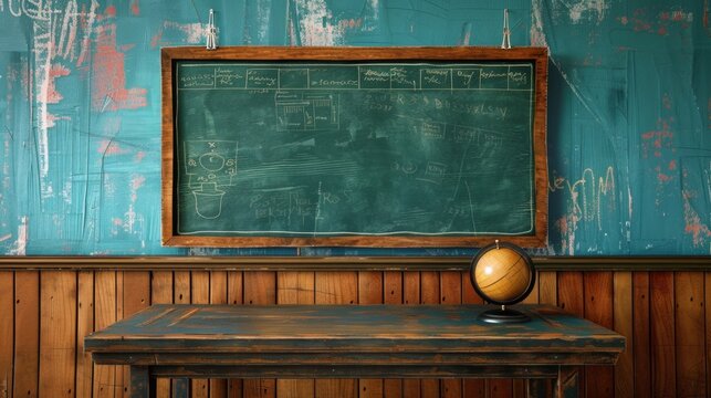 Vintage Classroom Desk With Blackboard And Globe.