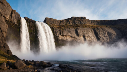 Obraz premium Majestic Waterfall Cascading Down Rocky Cliffside with Mist