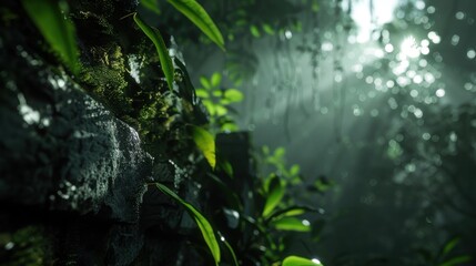 Sun rays penetrate through dense, lush jungle vegetation illuminating a moss-covered rocky wall, creating a serene and ethereal atmosphere in the tropical forest.