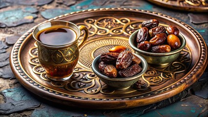 Arabic coffee served with dates on a traditional Middle Eastern tray, Arabic, coffee, dates, Middle Eastern