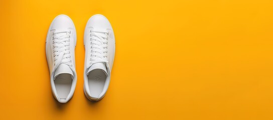 a pair of white shoes on a yellow background