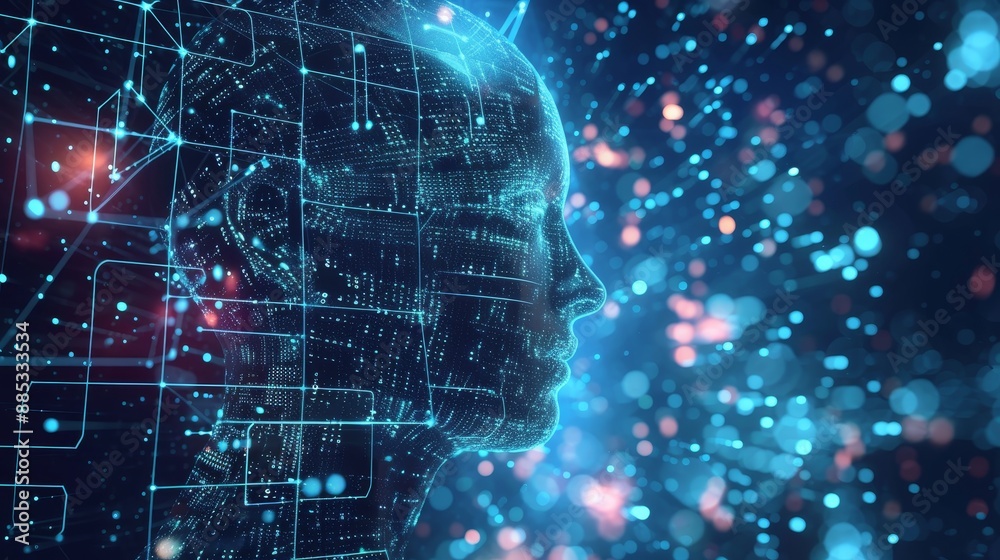 Poster a futuristic rendering of artificial intelligence and machine learning processes portraying the inte