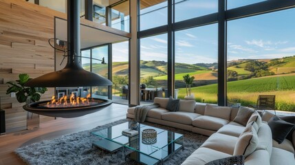 A luxurious living room with a modern suspended fireplace