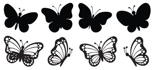 Butterfly black illustration. Butterfly clipart. Black silhouette butterfly. Baby shower design elements. Party invitation, birthday celebration. Spring, summer decor