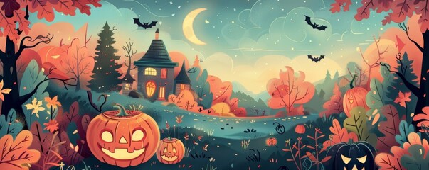 Whimsical Halloween landscape with carved pumpkins, bats, full moon, and a spooky house amidst autumn foliage, ideal for seasonal decoration.