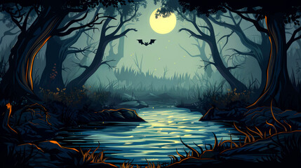 Fototapeta premium illustration art horror river in forest on night