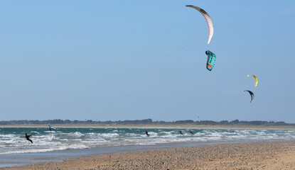 man being pulled by a kite surf, Nautical sport, Vacation, kite surfing, People on Kite surfing, Sport, Nautical sports, Quiberon, Brittany, 