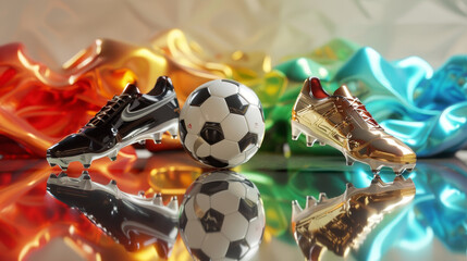Naklejka premium This vibrant 3D rendering illustrates the essence of professional football, featuring a pair of soccer shoes and a soccer ball set against a striking multi-colored background.