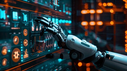 Businessman touch automated data management system to create reports with KPIs and indicators connected to the database. Data analysis with intelligent AI robot technology in business analysis