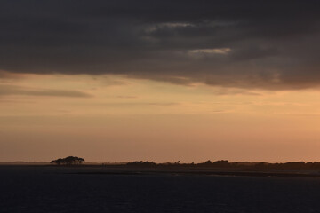 tree silhouette in the distance in the sunset. sunset over port navalo golf du morbihan france, beauty of morbihan golf. 
