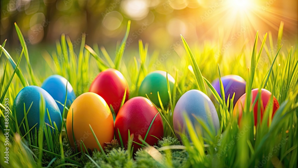 Sticker Colorful Easter eggs hidden in grass, Easter, basket, colorful, hidden, grass, spring, holiday, hunt, vibrant