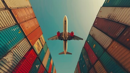 Airplane Soaring Above Colorful Shipping Containers