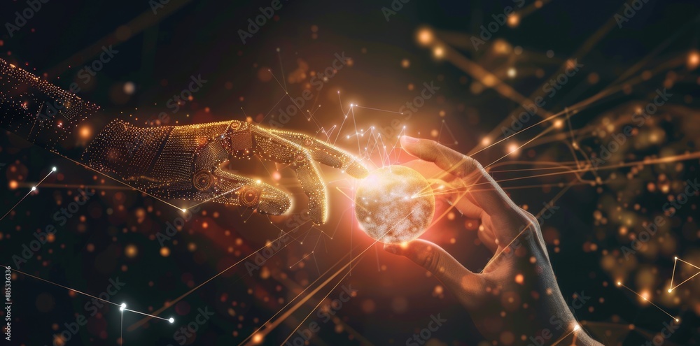 Poster the future is ai and machine learning, human and robot hands touching big data of global network con