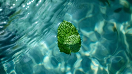 A lone mint leaf floating in clear cool water AI generated illustration