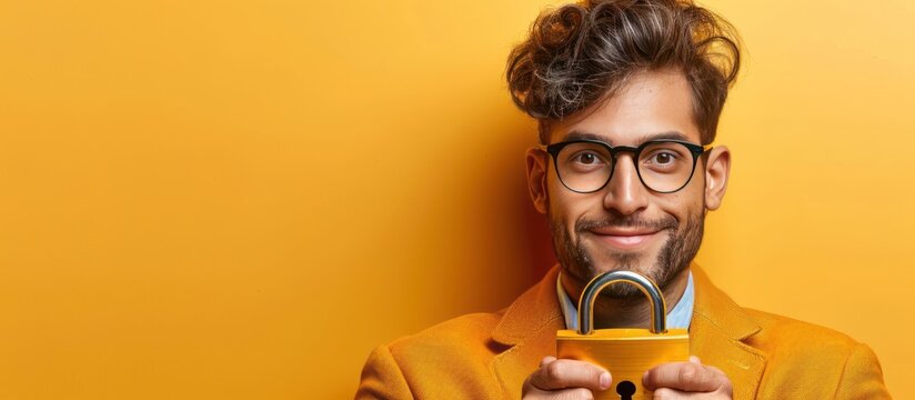 Smiling Man Holding a Yellow Padlock