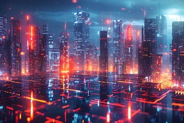 Futuristic Neon Cityscape with Glowing Skyscrapers and Digital Grid
