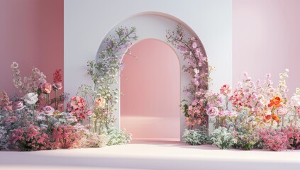 Pictures of white rooms with flowers on the walls and an arch