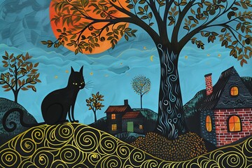 A black cat with colored curves on its fur, at night near a small red house in the moonlight, generative AI illustration, naif art illustration