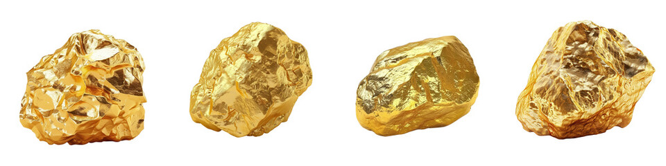 Obraz premium Four raw gold nuggets on a white background, showcasing the natural form and texture of precious metal for mining and jewelry purposes.