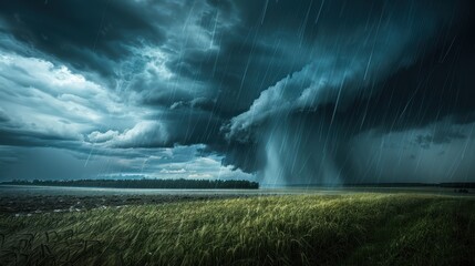 A dramatic and clear photo of a stormy sky with dark clouds and heavy rain pouring down over a landscape