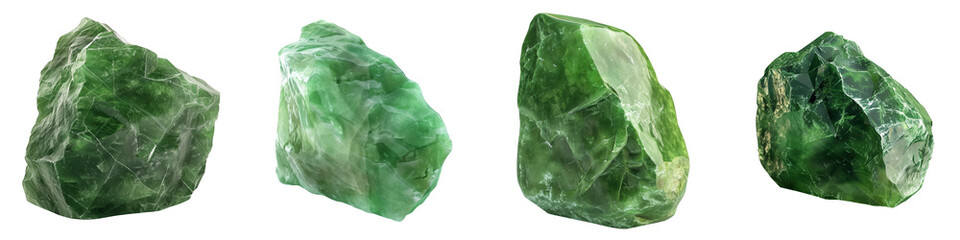 Fototapeta premium High-quality image of four unpolished green jade stones isolated on a white background, perfect for jewelry, geology, or alternative medicine projects.