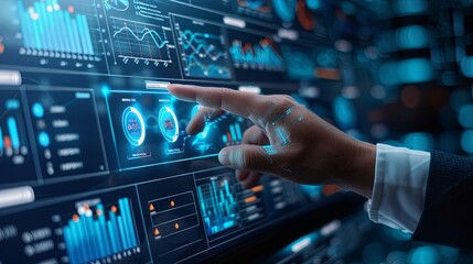 Businessman touch automated data management system to create reports with KPIs and indicators connected to the database. Data analysis with intelligent AI robot technology in business analysis