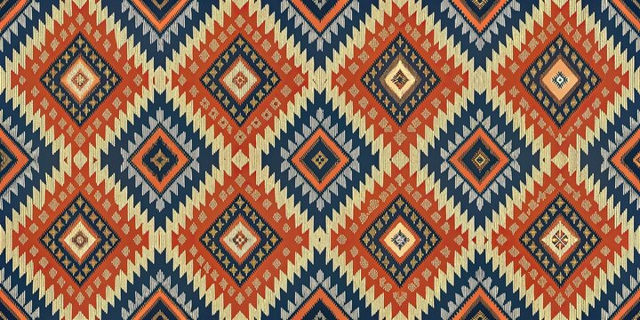 Earthy Aztec ikat pattern in terracotta and navy blue for a warm interior, Aztec, ikat, pattern, terracotta, navy blue