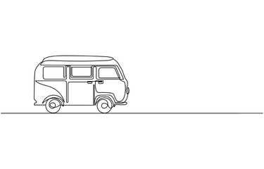 Continuous one line drawing of a trip van, Van vehicle continuous line drawing. Happy people during vacation holiday, Recreational vehicle with tree and mountain illustration for Camper van logo. © Line emotion