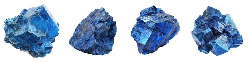 Fototapeta premium High-resolution image of four blue crystals with intricate textures and details, perfect for use in geology, mineralogy, and natural science projects.