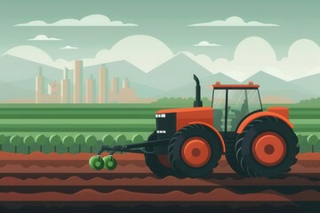 Illustration of a red tractor plowing a field with a city skyline in the background, merging rural and urban landscapes.