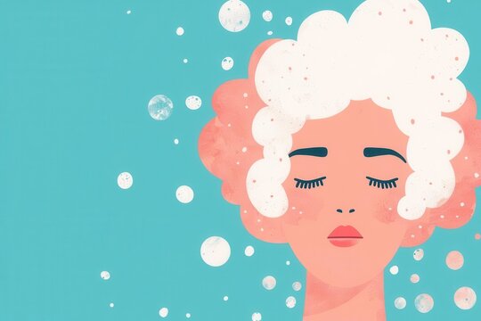 Illustration of a woman with closed eyes, washing her hair with bubbles against a turquoise background, conveying a sense of relaxation and self-care.