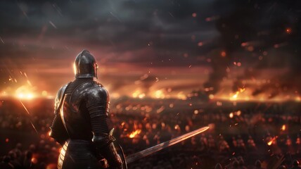 Fototapeta premium Knight in armor looking over a battlefield at dusk, with a fiery sky and burning landscape in the background.