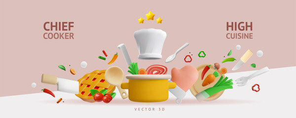 Chief cooker, High cuisine 3D style vector banner, white chef hat with three golden stars, kitchenware, cooking food