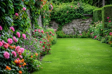 Obraz premium A sunny, summer day in an English garden with a lovely pink rose, a grapevine climbing over a pergola, a stone wall, and summer flowers in bloom.